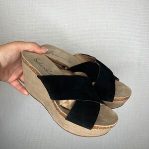 Splendid Wedge Sandals Black Suede Leather Criss Cross Cork Platform‎ 7.5